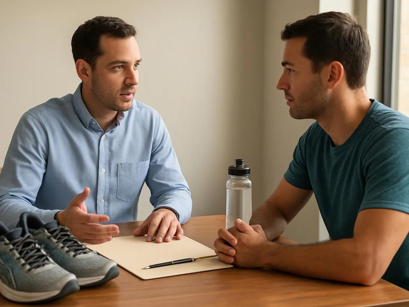 Two men sit at a table talking beside a pair of gray running shoes, a notebook, pen, and water bottle