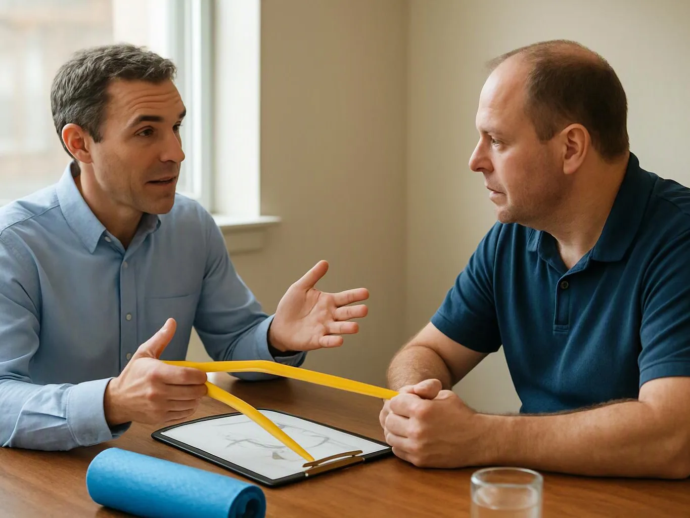 Two men sit at a table, talking over a tablet and yellow resistance bands in a bright room