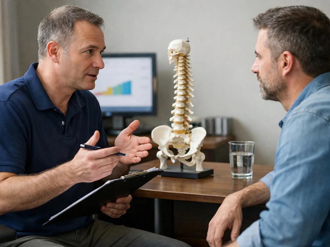 Two men talk across a desk beside a spine model, clipboard, and glass of water in an office