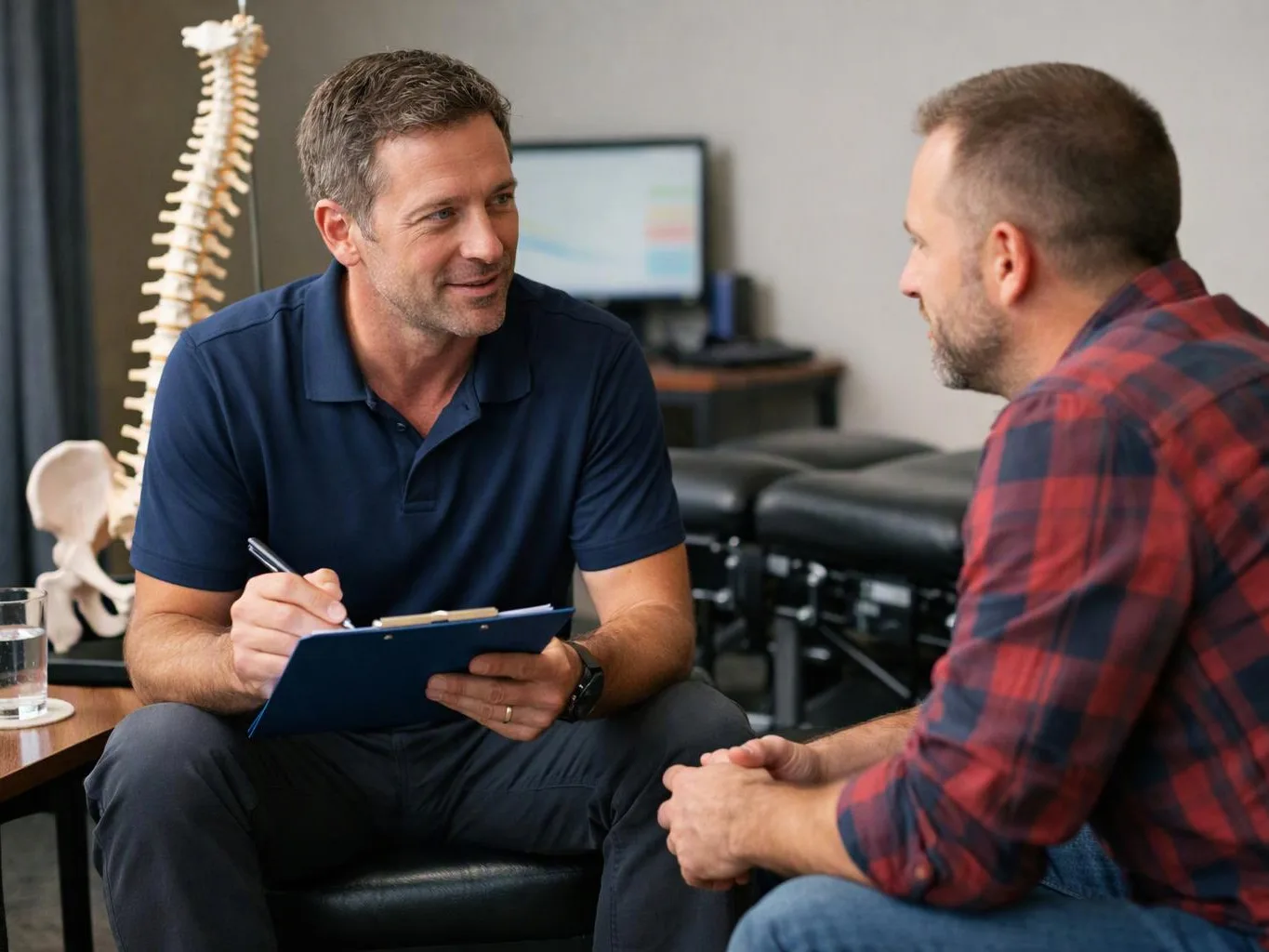 Two men talk in a clinic room while one writes on a clipboard beside a spine model