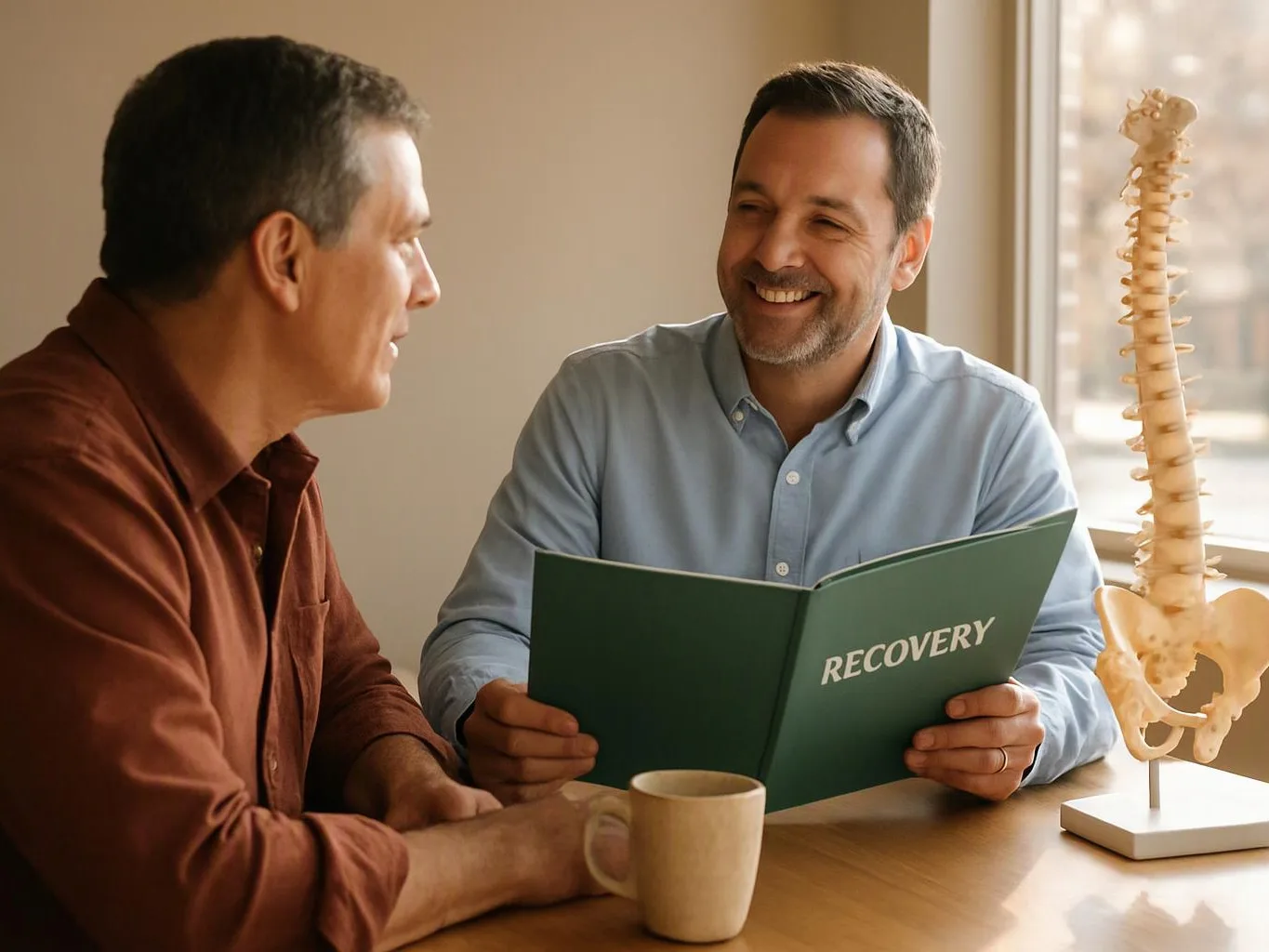 Two men talk at a table, one holding a green “RECOVERY” folder beside a spine model by the window
