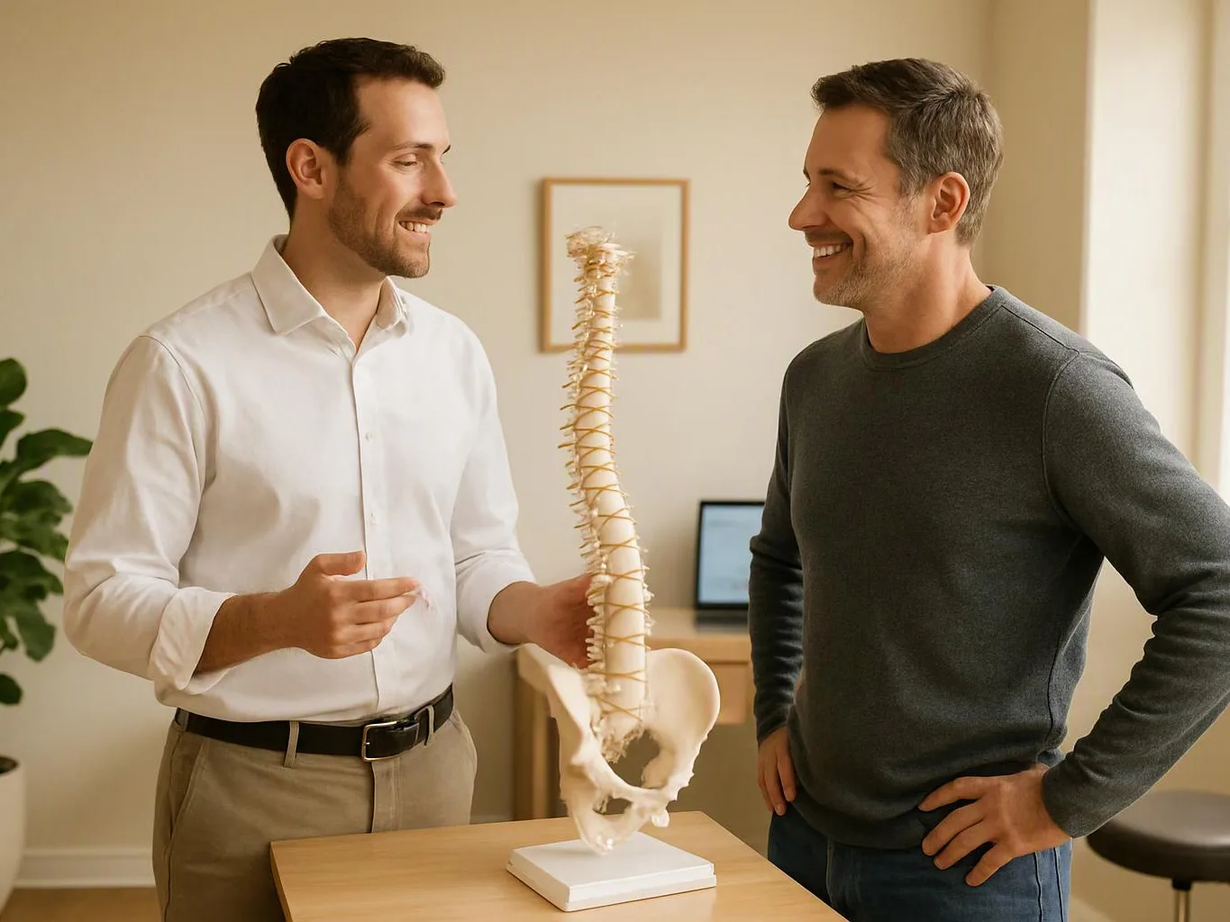 Two smiling men talk beside a model spine on a table in a bright office room