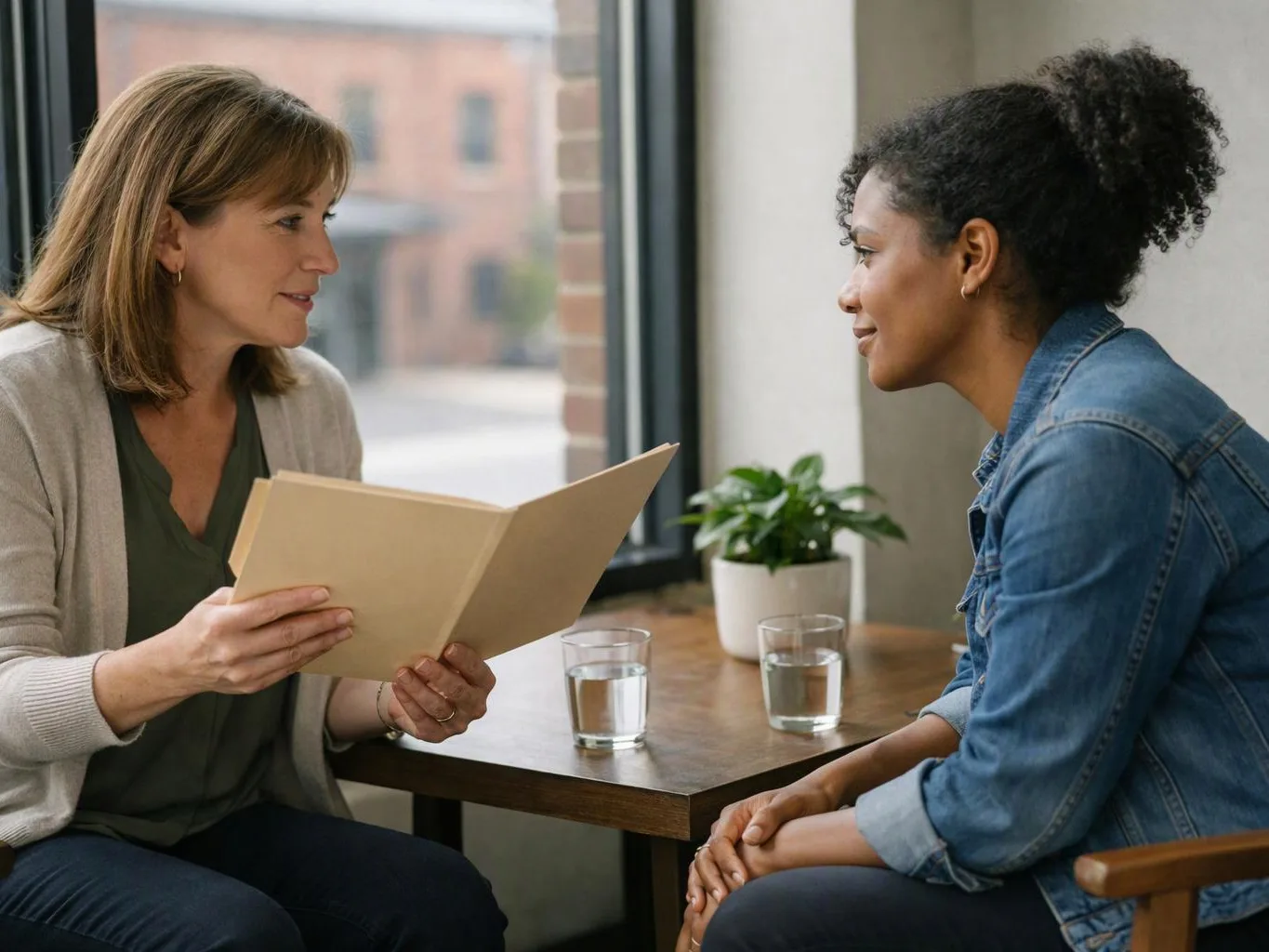 Two women sit at a table, one reading a folder while they talk in a bright room
