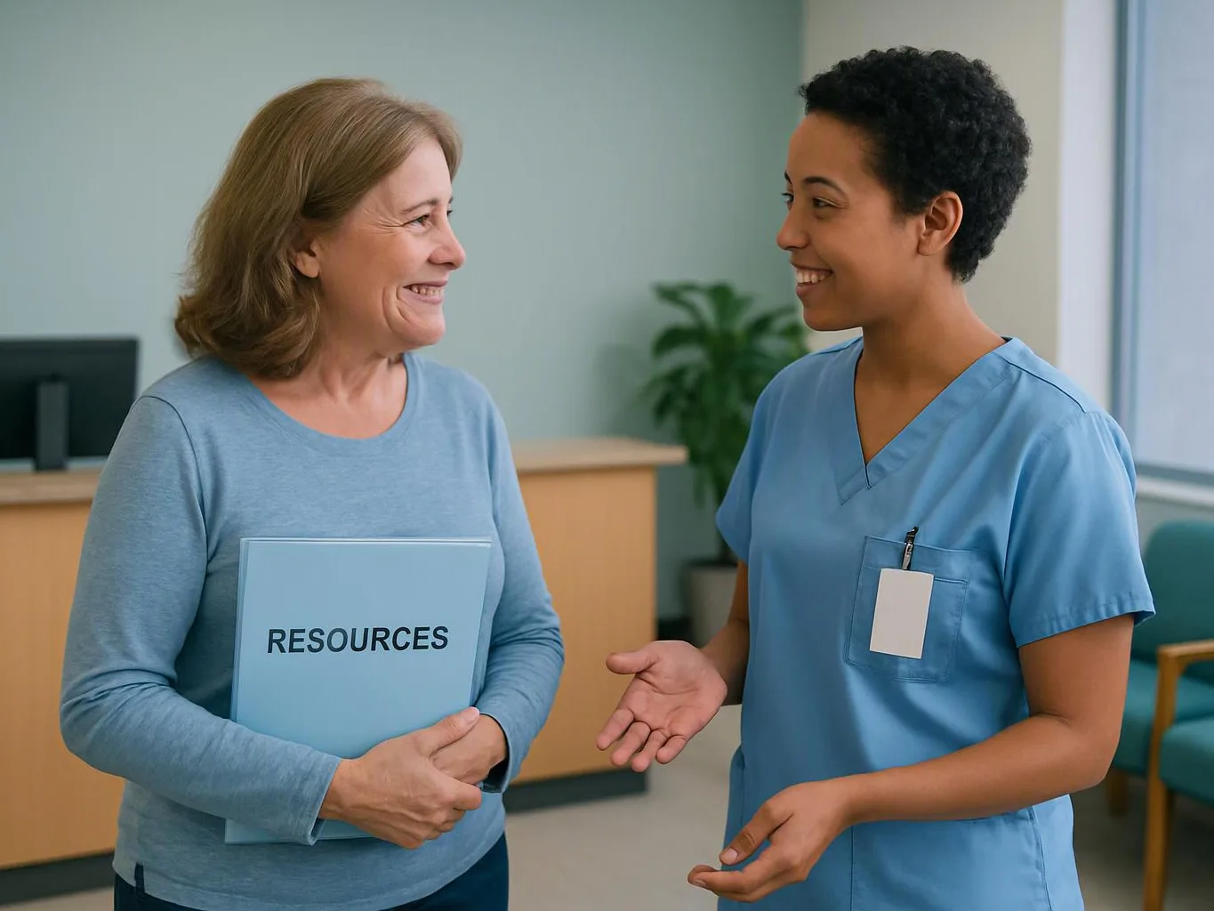 Two women smile and talk in a clinic room, one holding a folder labeled "RESOURCES"