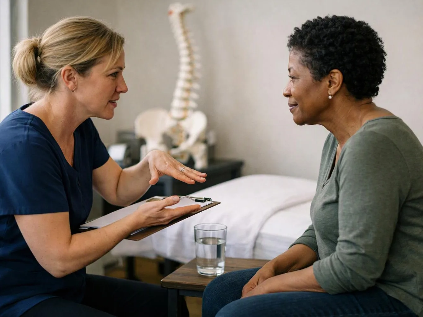 Two women talk in a clinic room, one holding a clipboard while the other listens beside a treatment bed