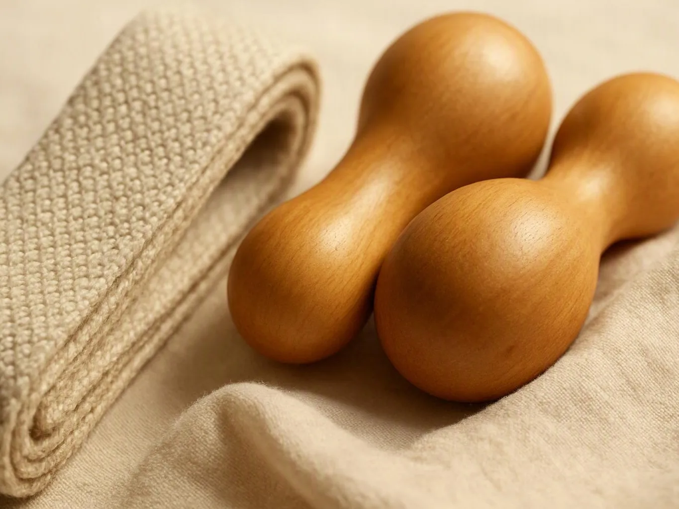 Two wooden massage tools rest on folded beige fabric beside a rolled woven mat