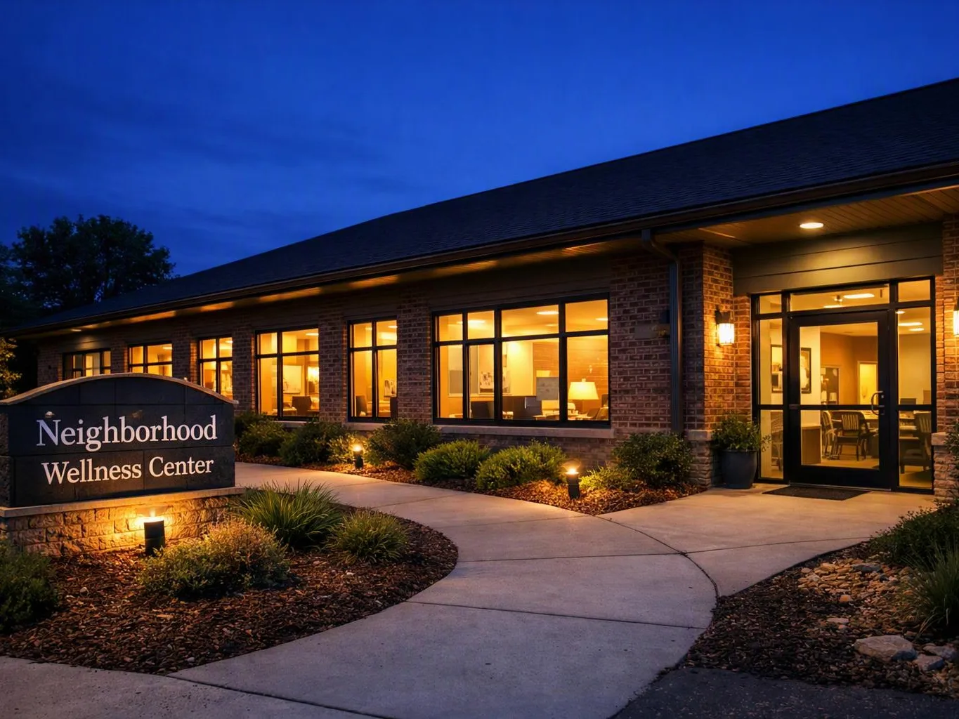 A warmly lit brick wellness center at dusk with a curved walkway and a sign out front