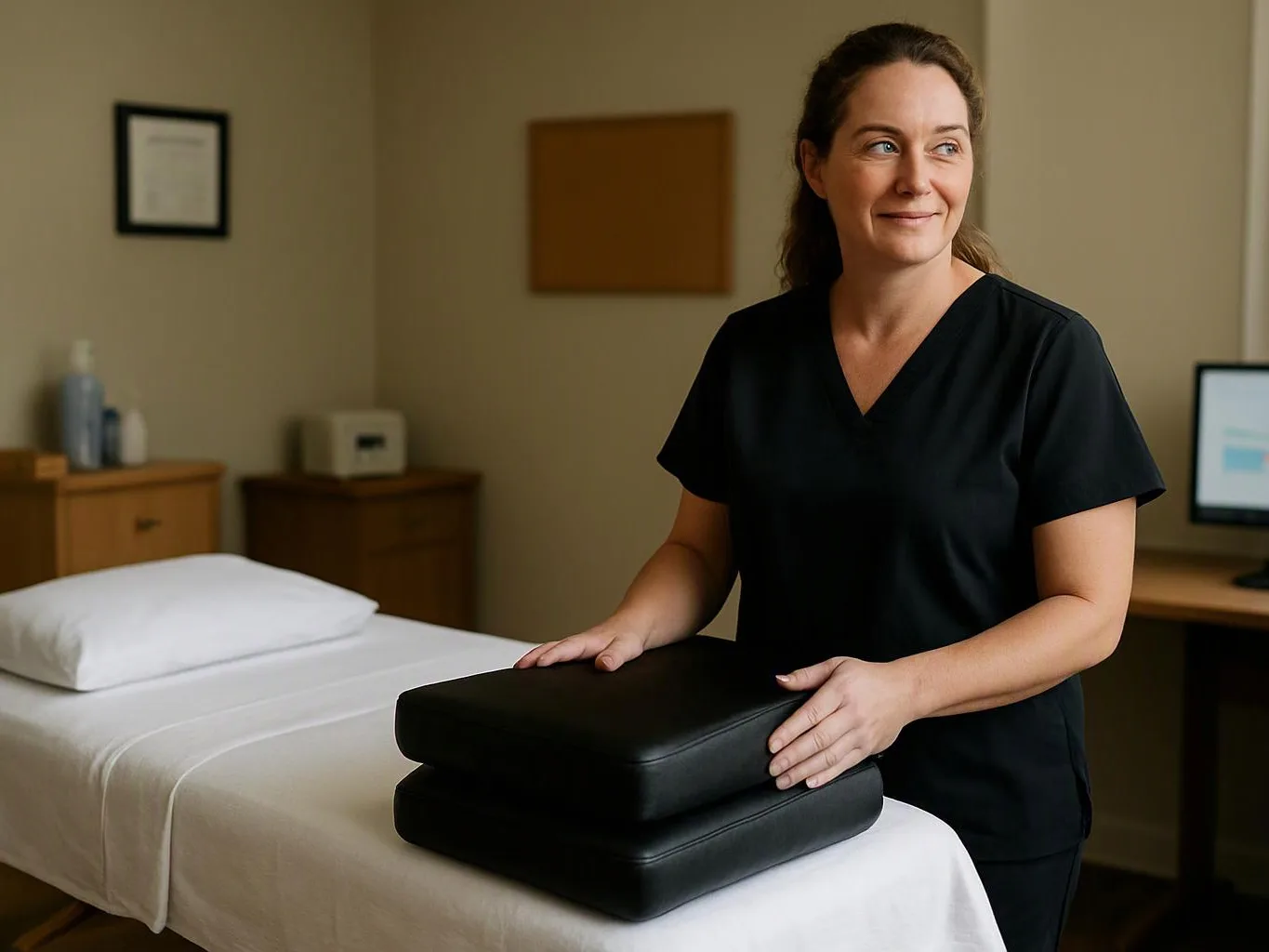 A woman in black scrubs stands beside a massage table, holding folded cushions in a calm treatment room