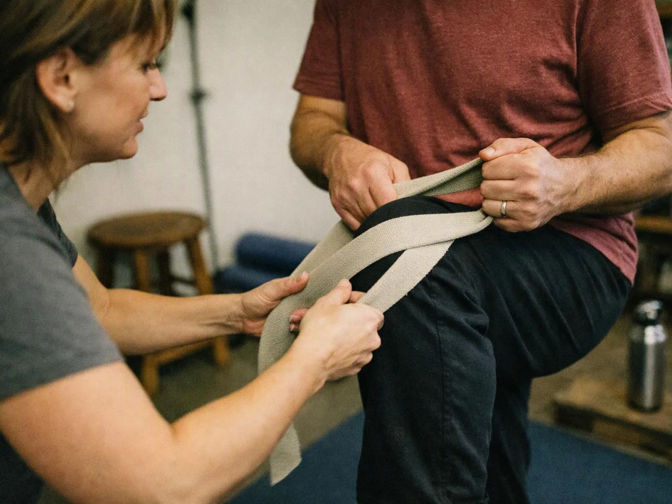 A woman helps a man wrap a beige strap around his raised leg in a therapy room