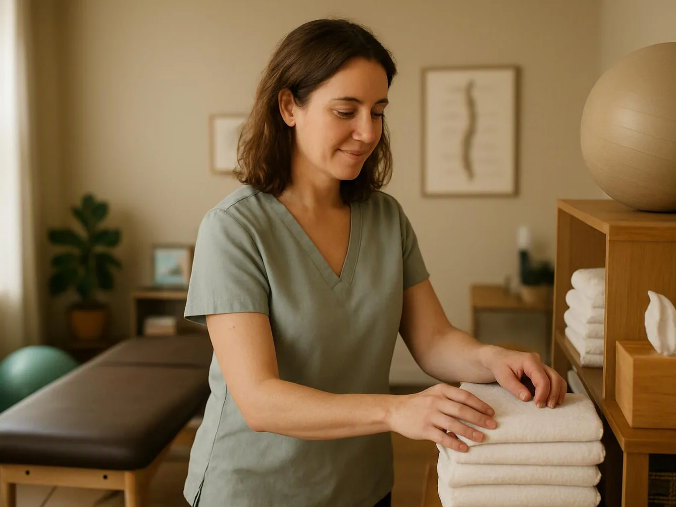 A woman in scrubs folds white towels beside a massage table in a calm treatment room