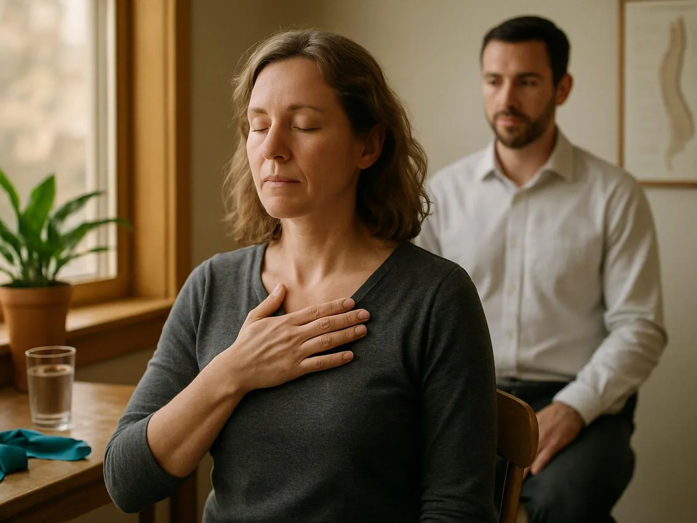 A woman sits with eyes closed and hand on her chest while a man sits behind her in a calm room