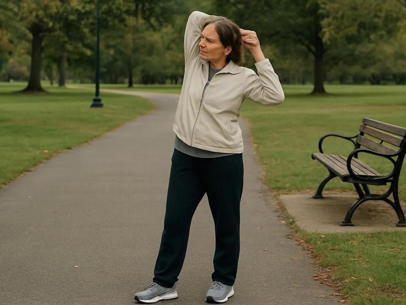 A woman stands on a park path, stretching her arm behind her head near a bench and trees