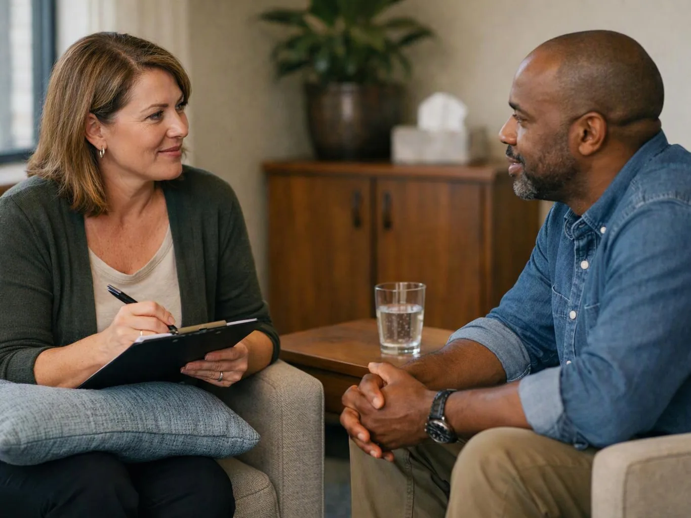 A woman takes notes while speaking with a man in a calm office seating area