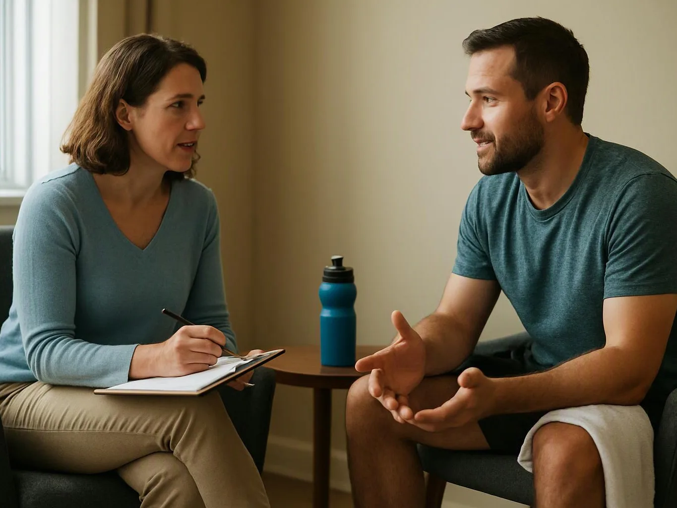 A woman takes notes while talking with a man seated across a small table in a plain room