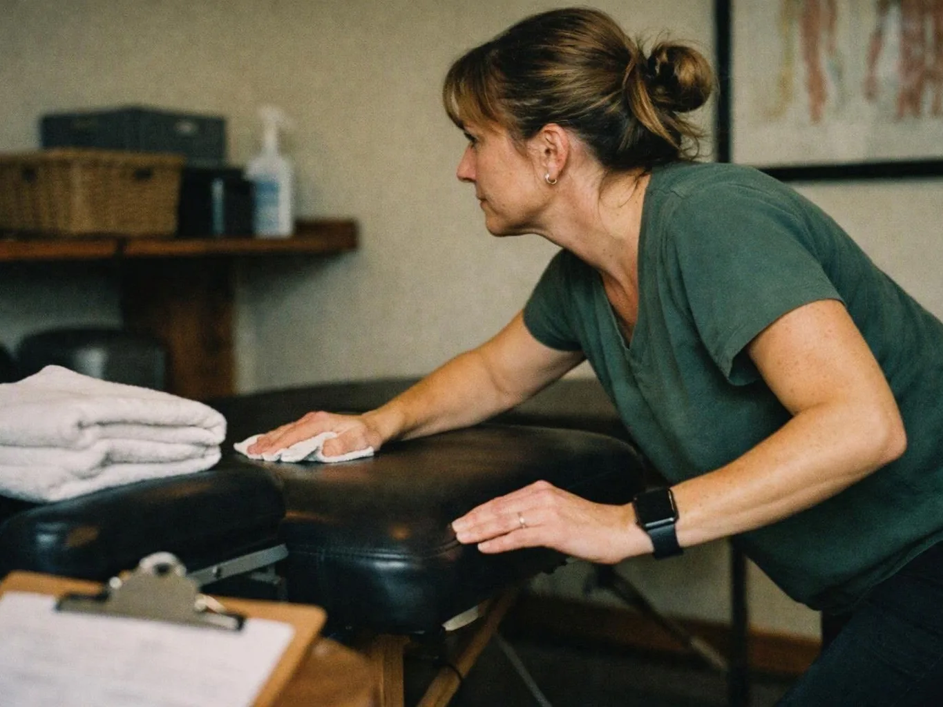A woman wipes a massage table in a calm treatment room