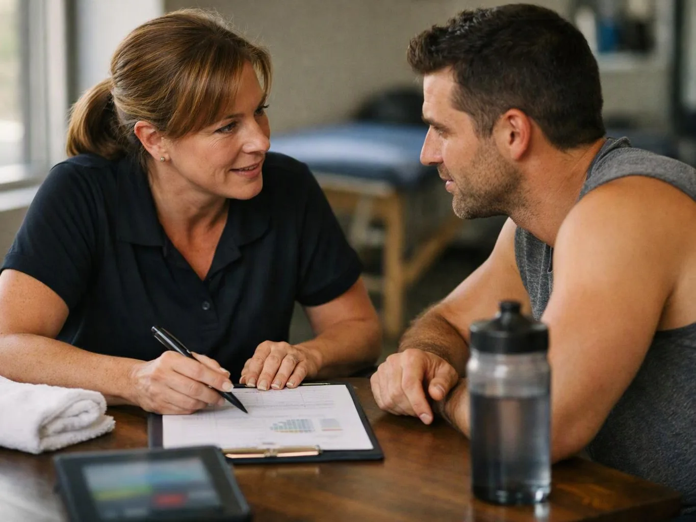 A woman writes on a clipboard while speaking with a man across a table in a bright room