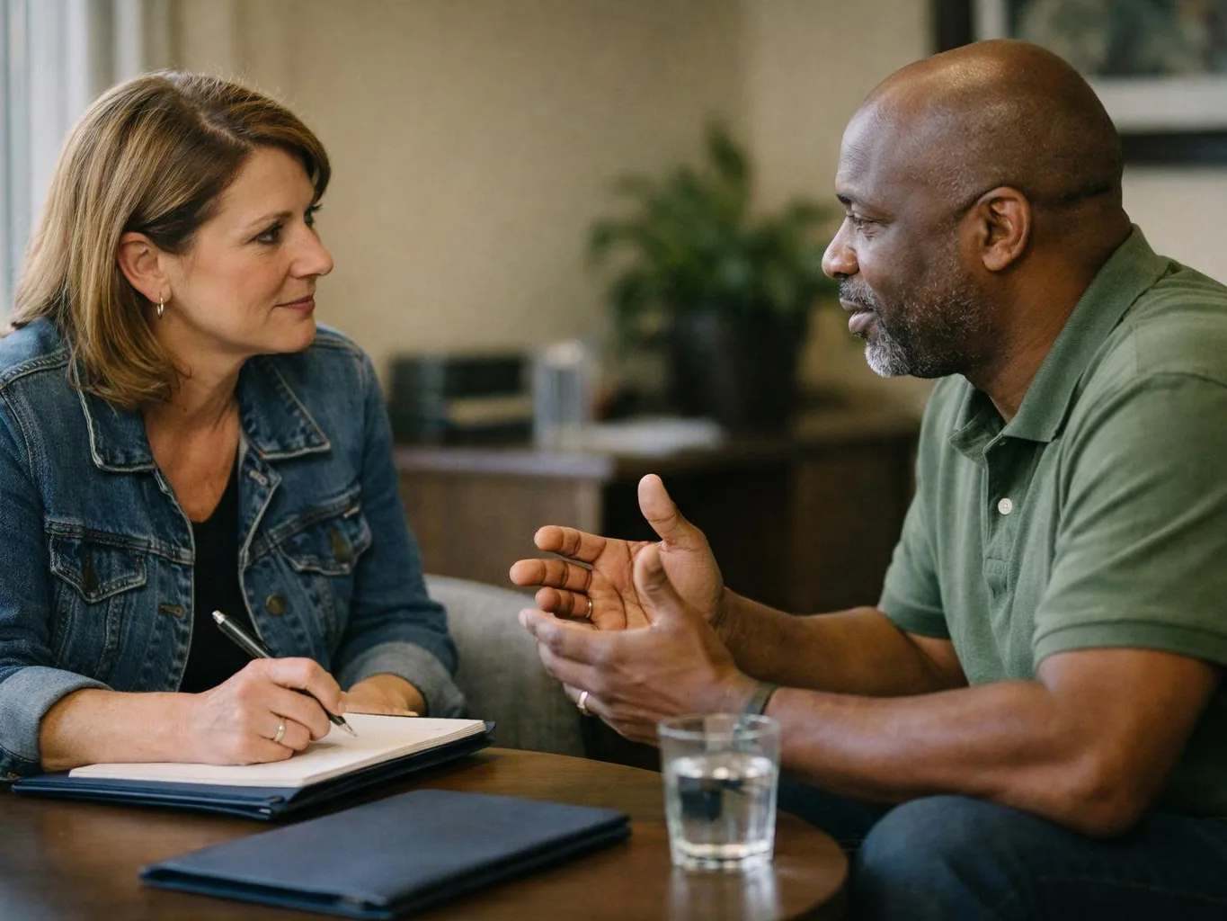 A woman writes notes while listening to a man speak across a table in a quiet room