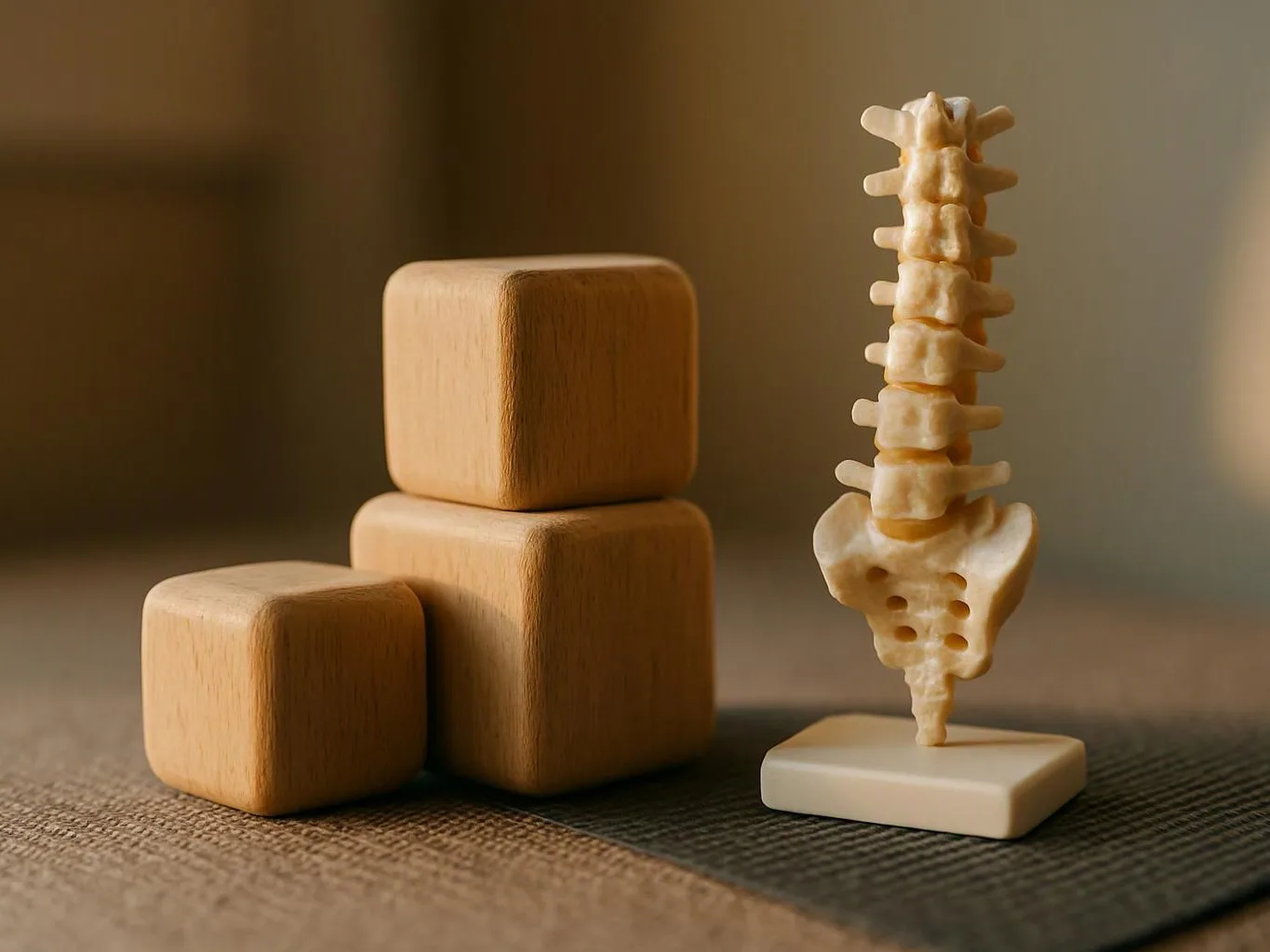 Wooden blocks sit beside a small model spine on a woven surface indoors