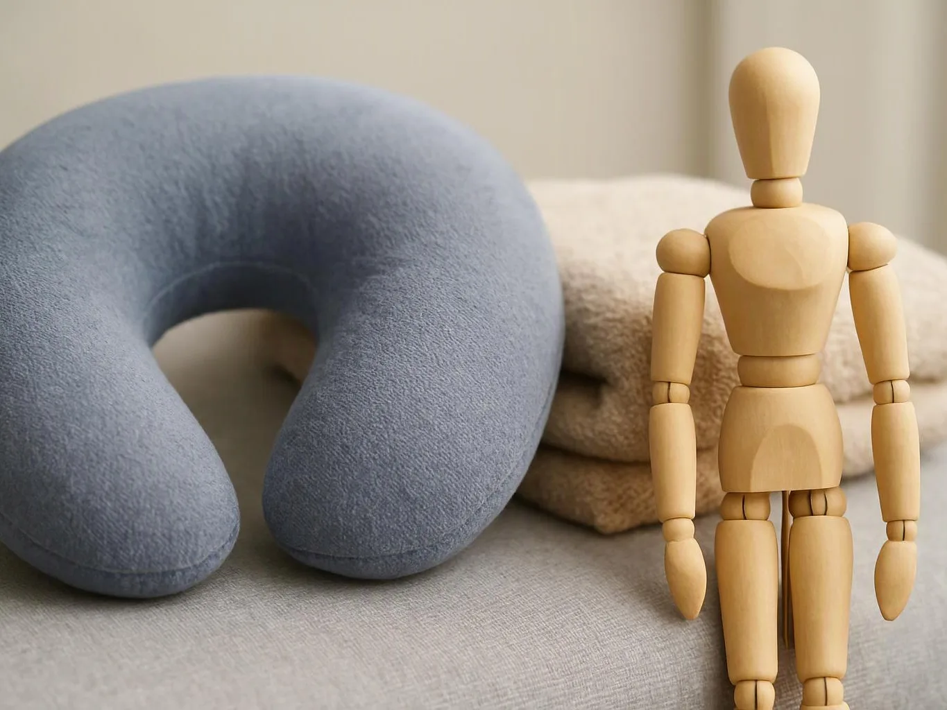 A wooden mannequin stands beside a blue U-shaped neck pillow and folded blankets on a bed