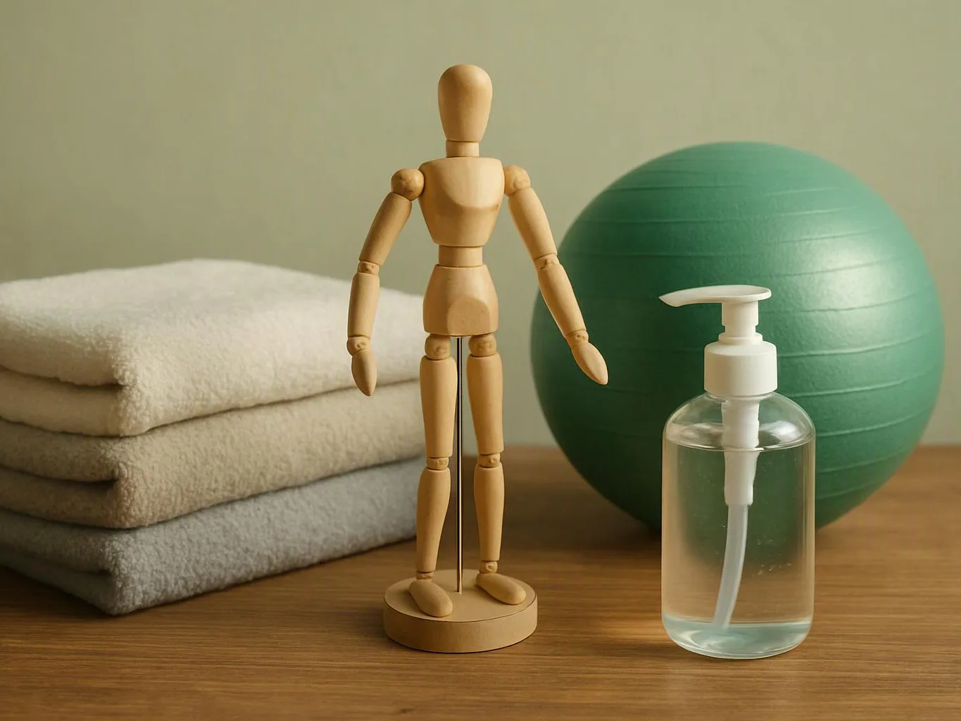 A wooden mannequin stands beside folded towels, a green exercise ball, and a clear soap dispenser on a wooden table