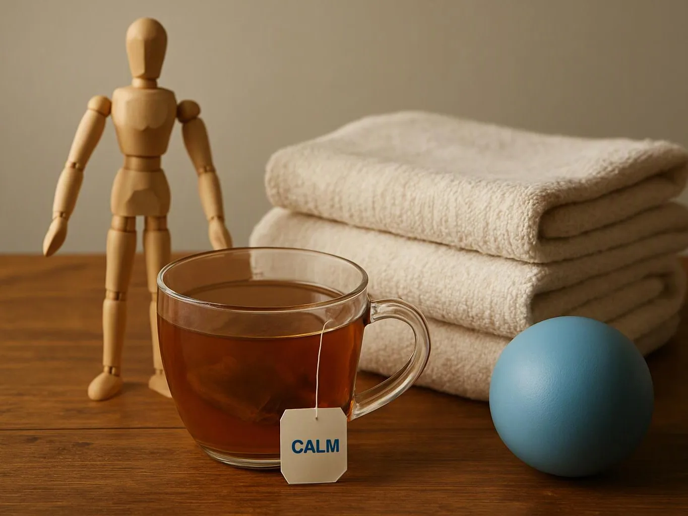 A wooden mannequin stands beside folded towels, a tea cup with a calm tag, and a blue ball on a table