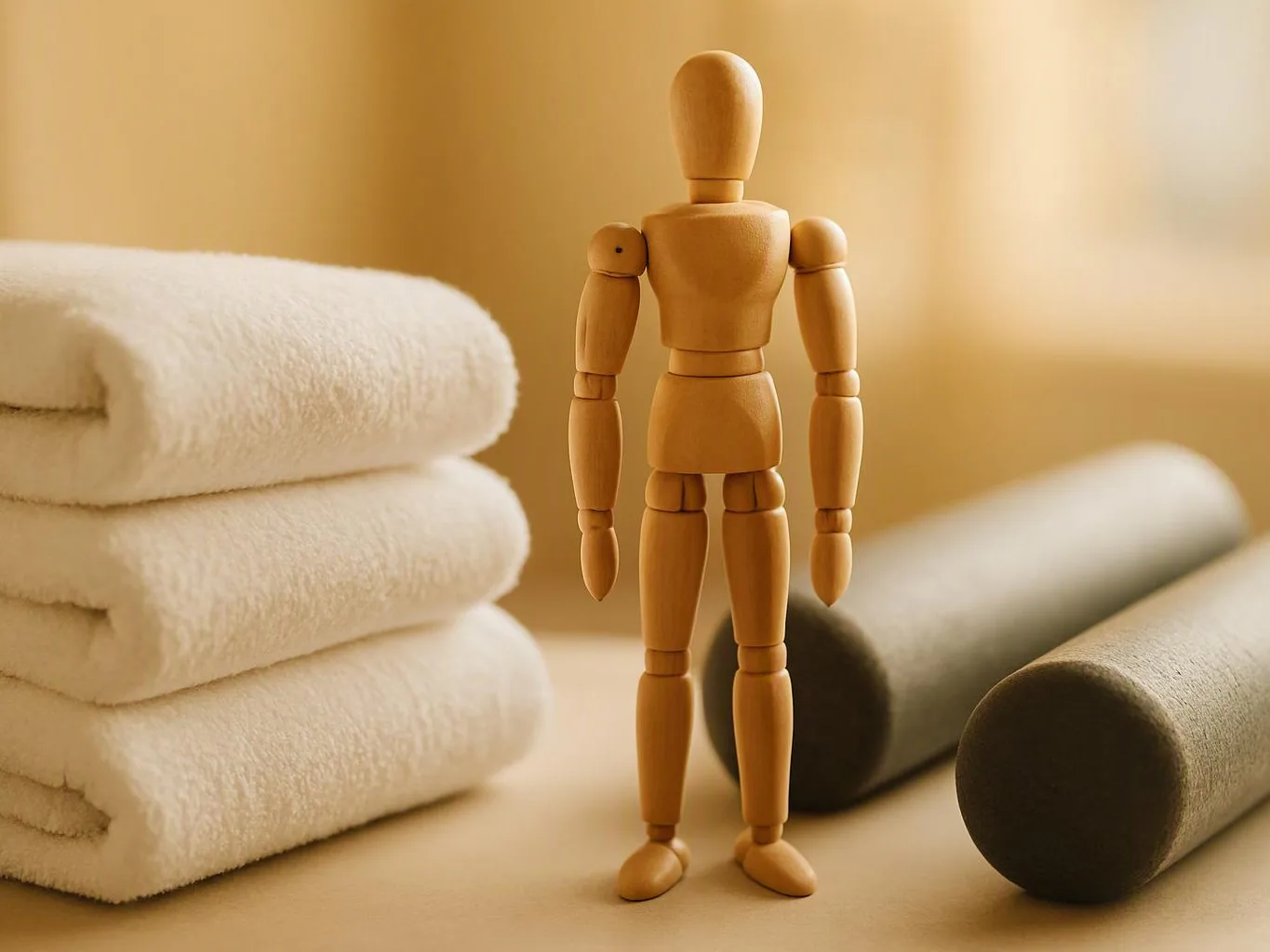 A wooden mannequin stands beside folded white towels and rolled mats in a warm, softly lit room