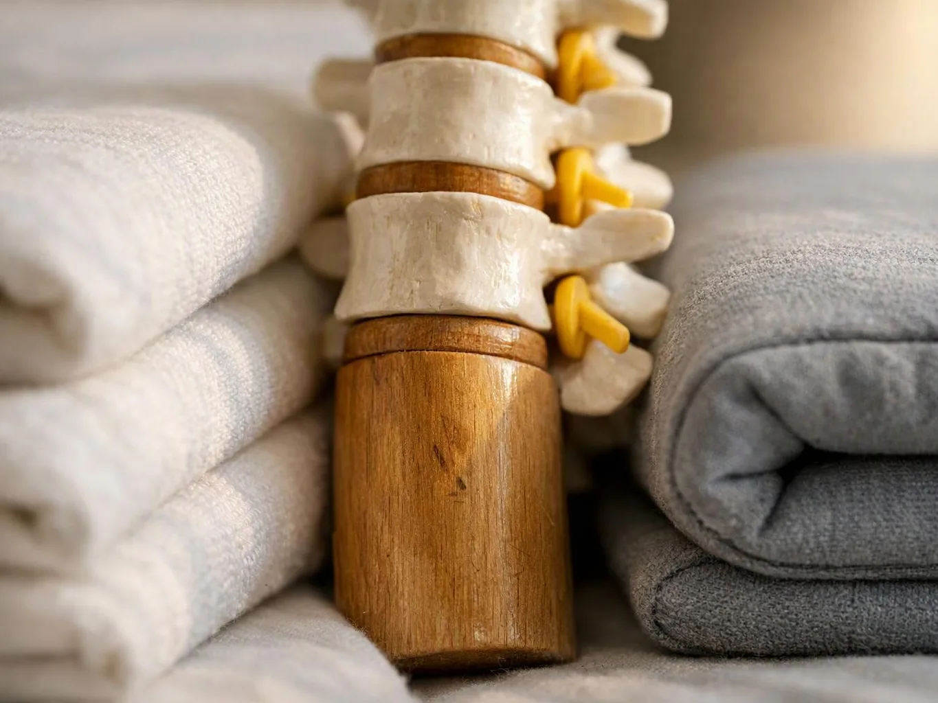 A wooden spine model stands between folded white and gray towels on a soft surface